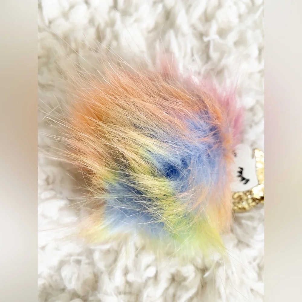 Colorful Rainbow 🌈 Unicorn Pom Pom with Gold Glitter Keychain Charm